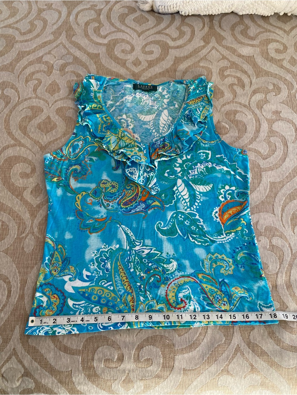 Lauren Ralph Lauren Paisley Ruffle Neck Sleeveless Blouse 100% Cotton - Picture 9 of 11